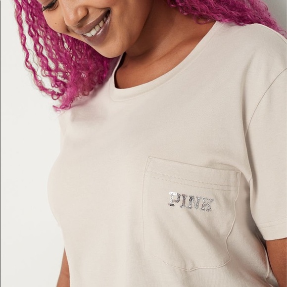 Victoria's Secret PINK Campus Short Sleeve Tee Vanilla Bean Shine NEW - Picture 5 of 7